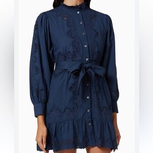 SEA NEW YORK Anita Eyelet Mini Dress in Cotton-linen Navy Size 8